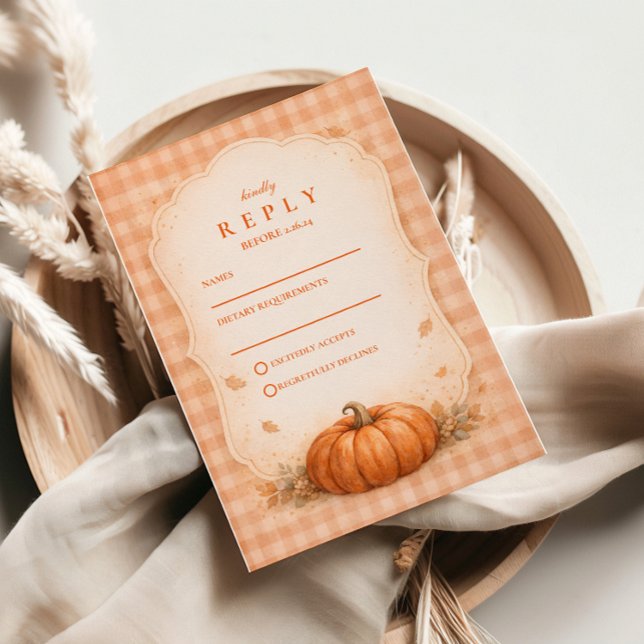 Tarjeta De Confirmación De Asistencia Rustic Gingham Pumpkin Fall Wedding (Subido por el creador)