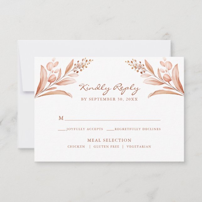 Tarjeta De Confirmación De Asistencia Rustic Peach deja a Bouquet Boda (Anverso)