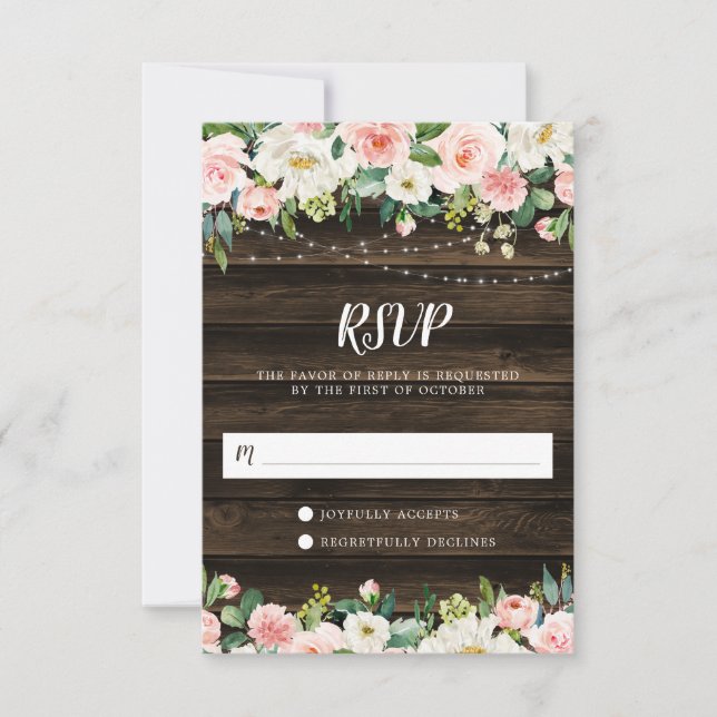 Tarjeta De Confirmación De Asistencia Rustic Pink Floral String Lights (Anverso)