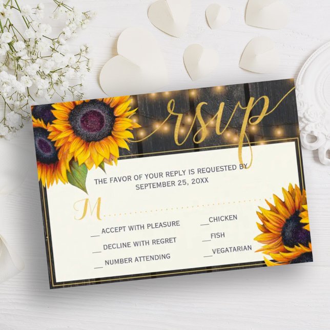 Tarjeta De Confirmación De Asistencia Rustic sunflower string lights barn wood wedding (Subido por el creador)