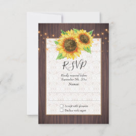 Tarjeta De Confirmación De Asistencia Rustic Sunflowers String Lights Lace Boda