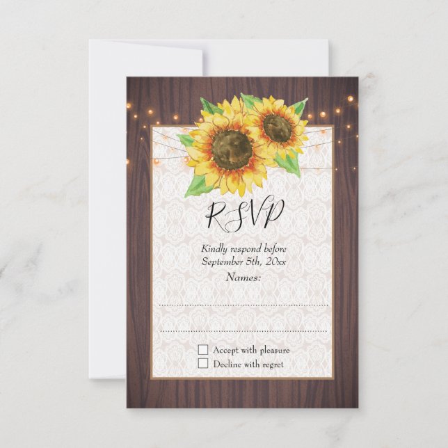 Tarjeta De Confirmación De Asistencia Rustic Sunflowers String Lights Lace Boda (Anverso)