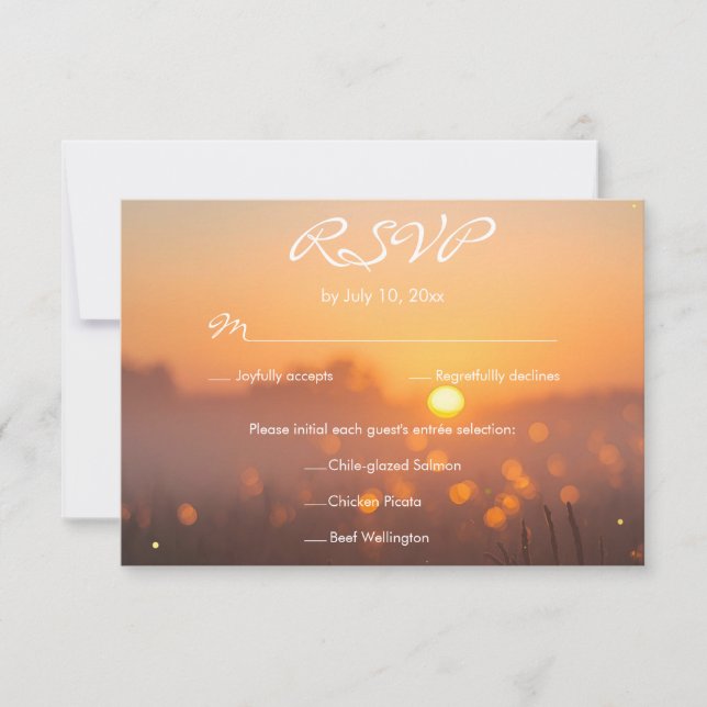 Tarjeta De Confirmación De Asistencia Rustic Sunset Nature Fireflies Wedding Meal Choice (Anverso)