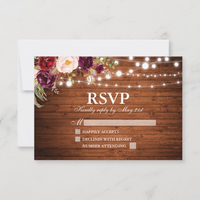 Tarjeta De Confirmación De Asistencia Rustic Wood Lights Burgundy Floral Boda (Anverso)