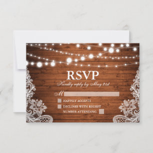 Tarjeta De Confirmación De Asistencia Rustic Wood String Lights Lace Boda