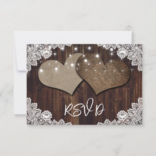 Tarjeta De Confirmación De Asistencia Rustic Wood String Lights Lace Boda (Anverso)