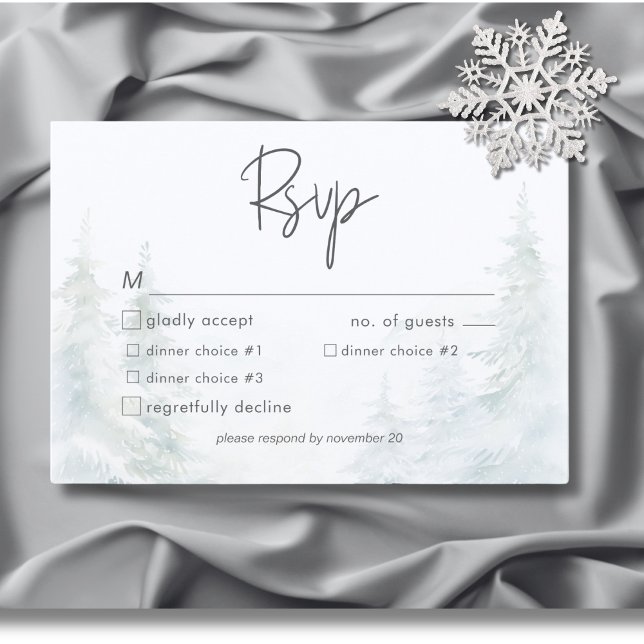 Tarjeta De Confirmación De Asistencia Rústica cena acuática de invierno de montaña (Rustic Mountain Winter Scene Watercolor Dinner RSVP Card)