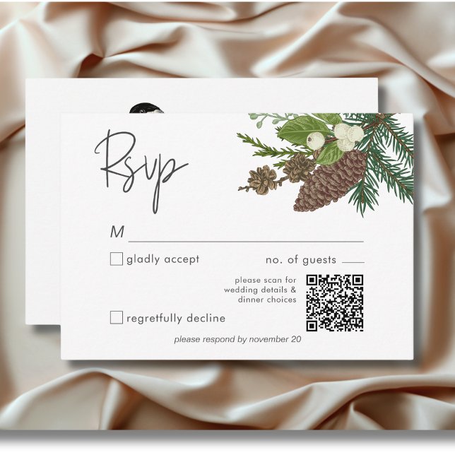 Tarjeta De Confirmación De Asistencia Rústica naturaleza invernal y código QR Pine (Rustic Winter Bird & Pine Bouquet Wedding Invitation)