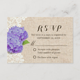 Tarjeta De Confirmación De Asistencia Rústica púrpura Hydrangea Lace & Burlap Wedding RS