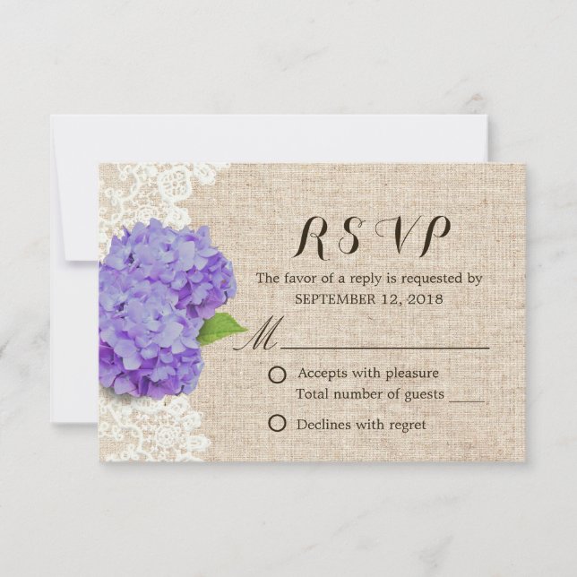 Tarjeta De Confirmación De Asistencia Rústica púrpura Hydrangea Lace & Burlap Wedding RS (Anverso)