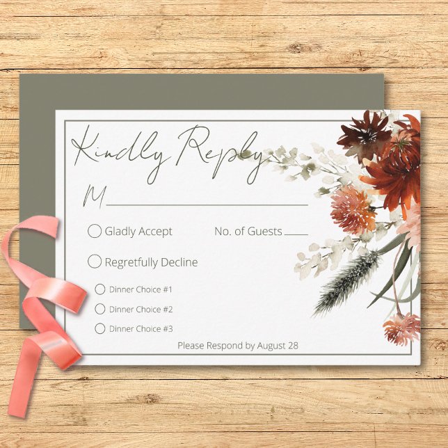 Tarjeta De Confirmación De Asistencia Rústica Terracota Flores de óxido Tres Cenas Verde (Rustic Terracotta Rust Flowers Three Dinner Green RSVP Card)