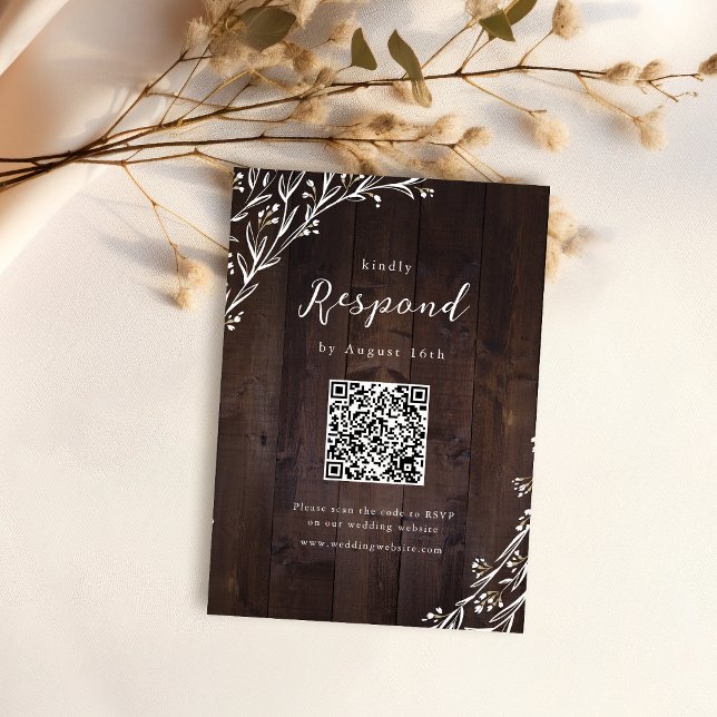 Tarjeta De Confirmación De Asistencia Rústico Barn Wood Boho Floral Country código QR (Rustic Barn Wood Boho Floral Country QR code RSVP Card)