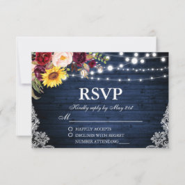 Tarjeta De Confirmación De Asistencia Rústico Boda Blue Wood String Luces Lace Floral