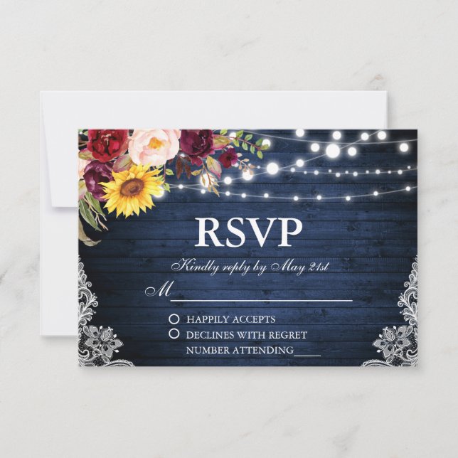 Tarjeta De Confirmación De Asistencia Rústico Boda Blue Wood String Luces Lace Floral (Anverso)