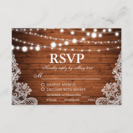 Tarjeta De Confirmación De Asistencia Rústico Boda de las luces de cuerda de madera Lace