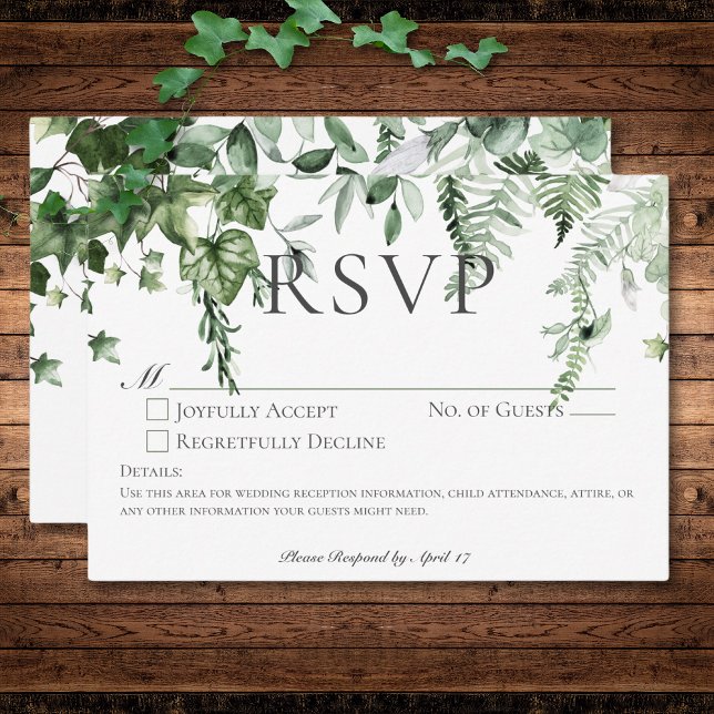 Tarjeta De Confirmación De Asistencia Rústico Boda de vejas y salvia sin cena (Rustic Ivy & Sage Greenery Wedding No Dinner RSVP Card)
