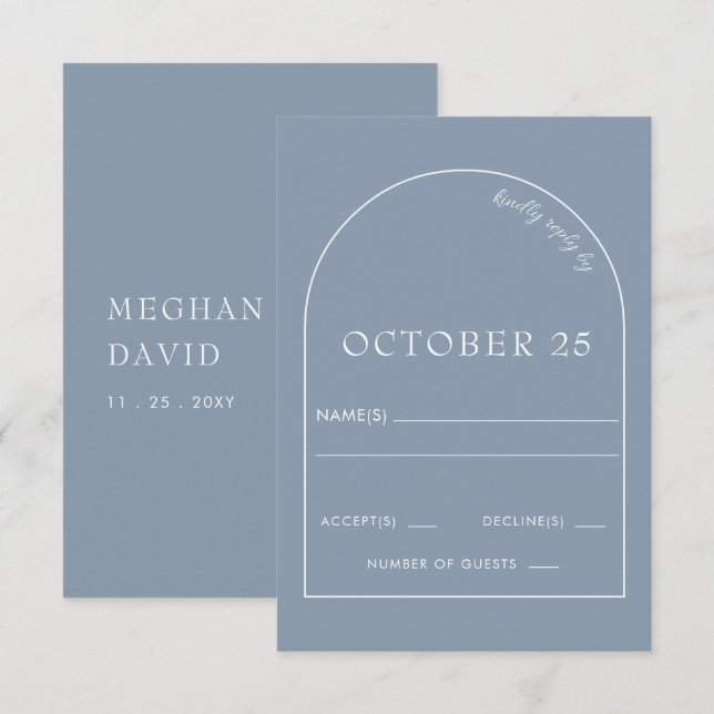 Tarjeta De Confirmación De Asistencia Rústico Boda del Arco Moderno Azul Dusty (Anverso / Reverso)