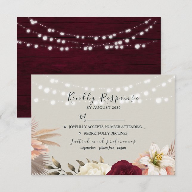 Tarjeta De Confirmación De Asistencia Rústico Boda floral de Borgoña (Anverso / Reverso)