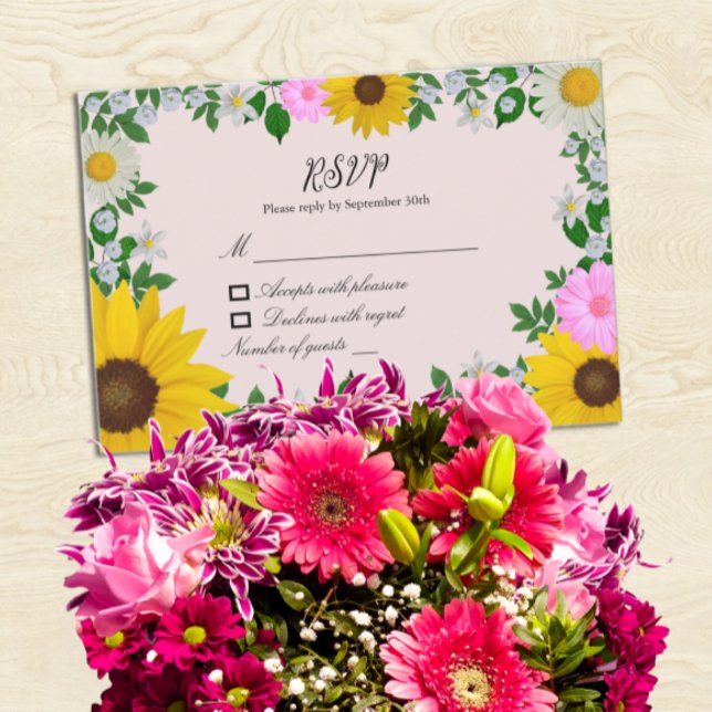 Tarjeta De Confirmación De Asistencia Rústico Boda floral de daisy de girasol (Subido por el creador)