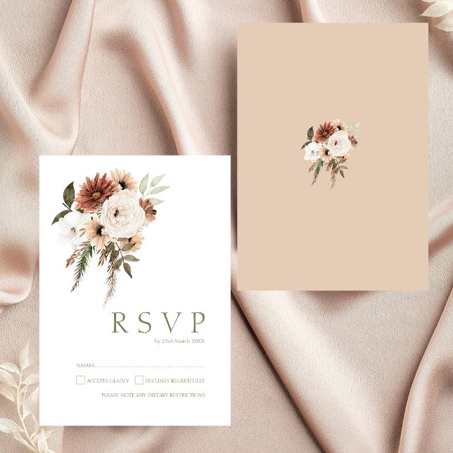 Tarjeta De Confirmación De Asistencia Rústico Boda Floral de Peach Terracotta Greenery (Elegant Peach Olive Green Floral Wedding RSVP Card)