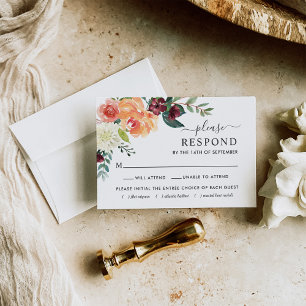 Tarjeta De Confirmación De Asistencia Rústico Boda floral elegante borgoña