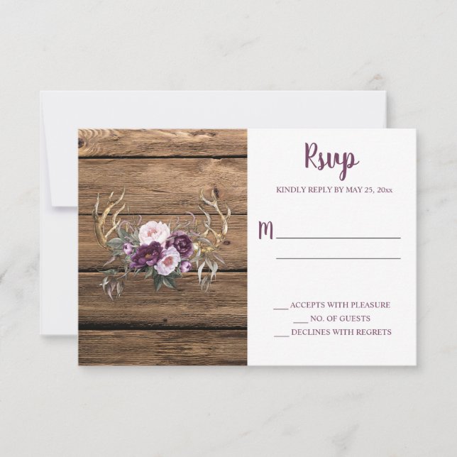 Tarjeta De Confirmación De Asistencia Rústico Boho Purple Plum Peonies Antlers (Anverso)