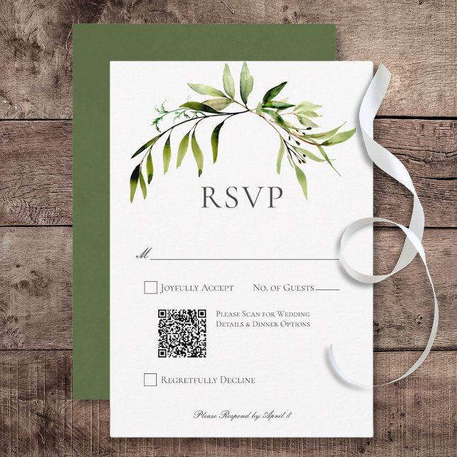Tarjeta De Confirmación De Asistencia Rústico código QR para el Boda de energía vegetal  (Rustic Botanical Greenery Bough Wedding Response Card with QR Code)