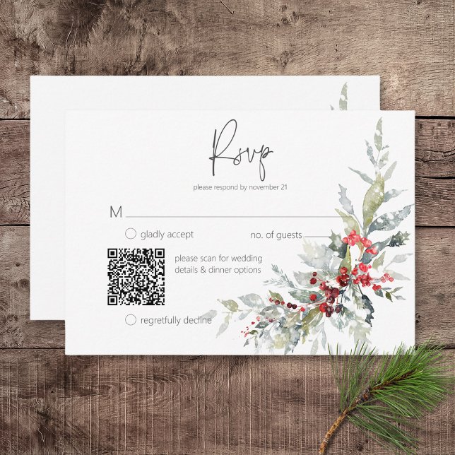 Tarjeta De Confirmación De Asistencia Rústico Código QR para los Bodas de invierno Holly (Rustic Winter Holly Berries & Snow Wedding Response Card with QR Code)