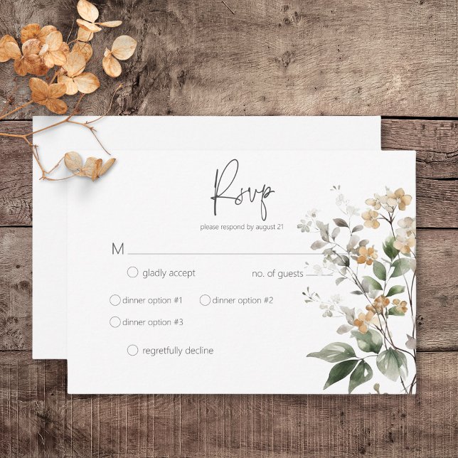 Tarjeta De Confirmación De Asistencia Rústico Delicate Tan Fall Wildflowers Cena (Rustic Delicate Tan Fall Wildflowers Wedding Response Card with Dinner Options)