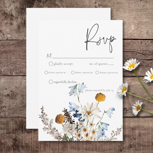 Tarjeta De Confirmación De Asistencia Rústico Dusty Blue Wildflowers & Daisies Dinner (Rustic Dusty Blue Wildflowers & Daisies Wedding Response Card with Dinner Options)