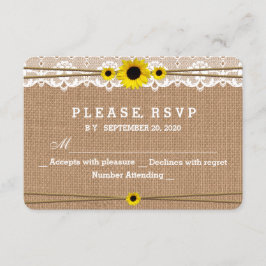 Tarjeta De Confirmación De Asistencia Rústico encaje, flores solares, Burlap Wedding RSV