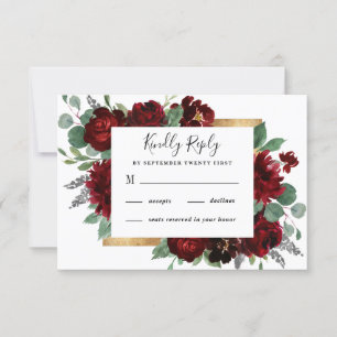 Tarjeta De Confirmación De Asistencia Rústico floral rojo y dorado Boda blanco elegante
