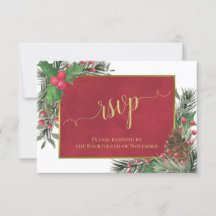 Tarjeta De Confirmación De Asistencia Rústico Holly & Pine Holiday o Boda de Navidades