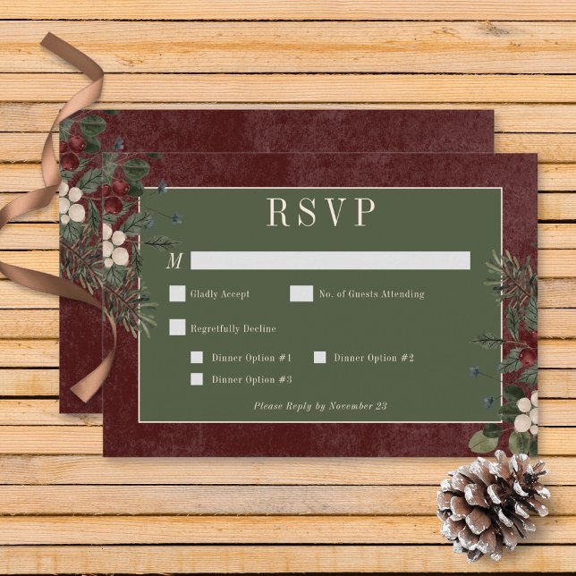 Tarjeta De Confirmación De Asistencia Rústico invierno Berries y cena de pino borgoña (Rustic Winter Berries & Pine Burgundy Wedding Wedding Response Card with Dinner Options)