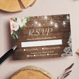 Tarjeta De Confirmación De Asistencia Rústico Mason Jar enciende Boda de encaje floral d