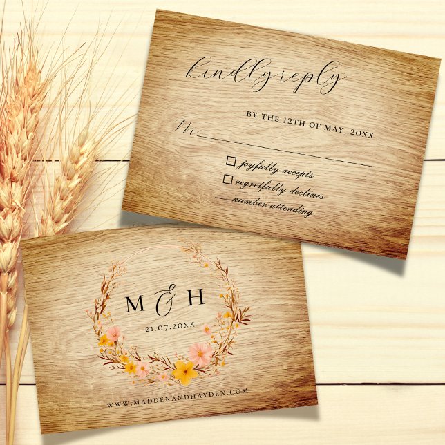 Tarjeta De Confirmación De Asistencia Rústico Neutral Boho Wildflower Wreath Wood look (Subido por el creador)