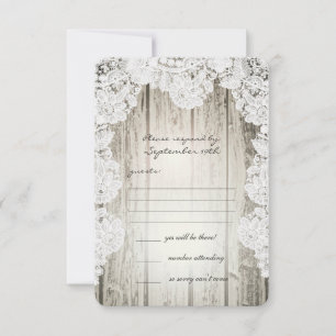 Tarjeta De Confirmación De Asistencia Rústico País Faux Lace Barn Wood Boda