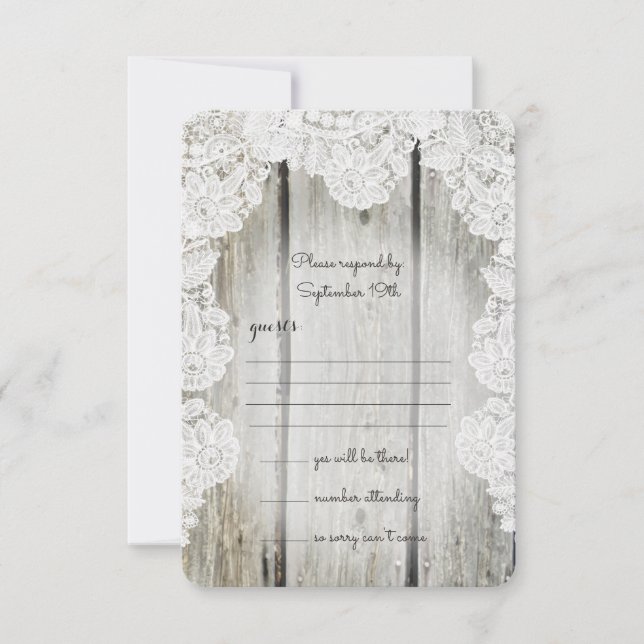 Tarjeta De Confirmación De Asistencia Rústico País Faux Lace Barn Wood Boda (Anverso)