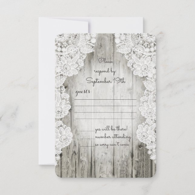Tarjeta De Confirmación De Asistencia Rústico País Faux Lace Barn Wood Boda (Anverso)