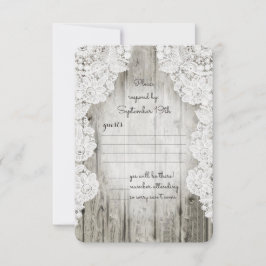 Tarjeta De Confirmación De Asistencia Rústico País Faux Lace Barn Wood Boda