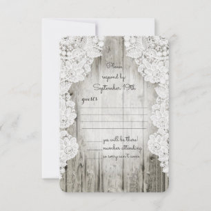 Tarjeta De Confirmación De Asistencia Rústico País Faux Lace Barn Wood Boda