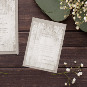 Tarjeta De Confirmación De Asistencia Rústico País Faux Lace Barn Wood Boda