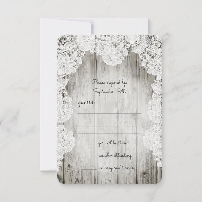 Tarjeta De Confirmación De Asistencia Rústico País Faux Lace Barn Wood Boda (Anverso)