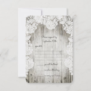 Tarjeta De Confirmación De Asistencia Rústico País Faux Lace Barn Wood Boda
