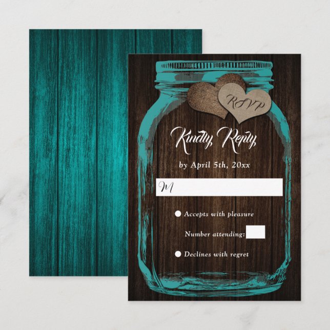 Tarjeta De Confirmación De Asistencia Rústico País Madera Verde azulada Mason Jar Weddin (Anverso / Reverso)