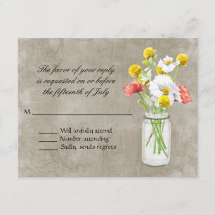 Tarjeta De Confirmación De Asistencia Rústico País Mason Jar Bouquet Crackers Swirls