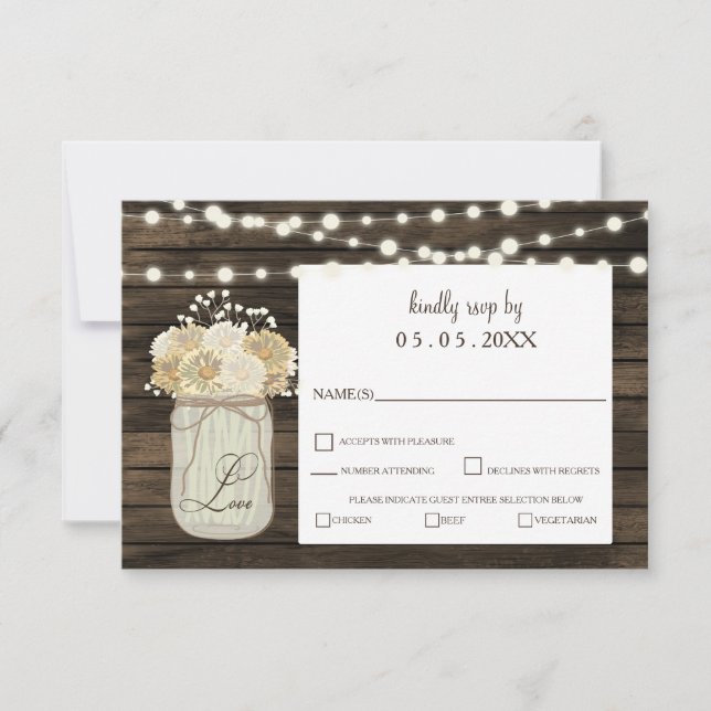Tarjeta De Confirmación De Asistencia Rústico País Mason Jar Daisy Barn Wood Boda (Anverso)