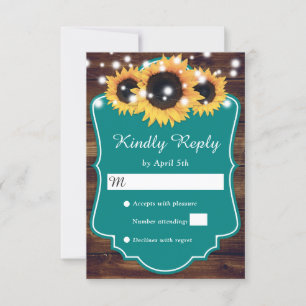 Tarjeta De Confirmación De Asistencia Rústico País Verde azulado Boda de girasol maderer