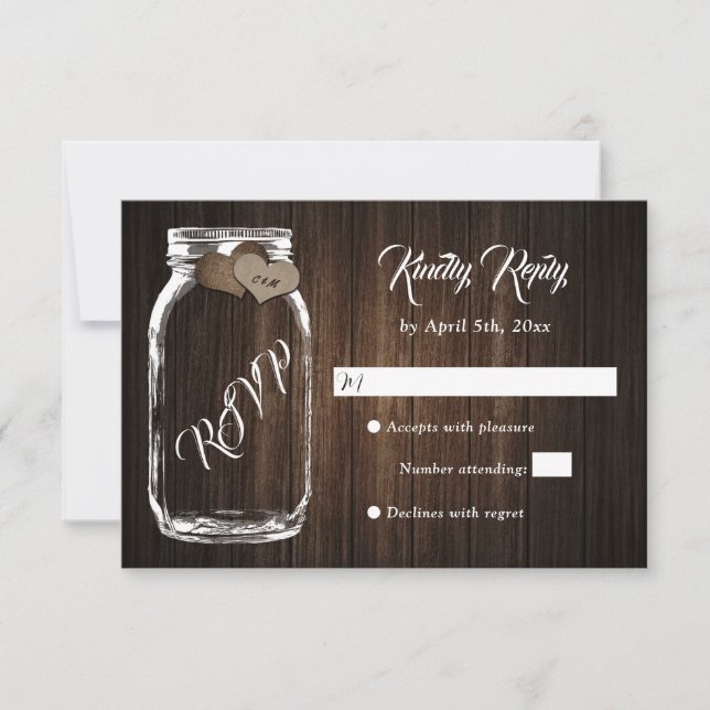 Tarjeta De Confirmación De Asistencia Rústico País Wood Heart Mason Jar Boda (Anverso)