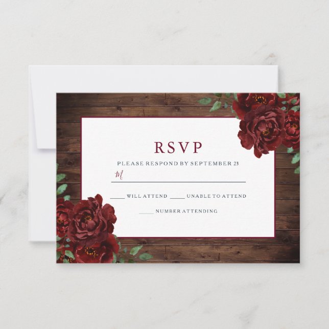 Tarjeta De Confirmación De Asistencia Rústico romántico Rosa de Borgoña Boda (Anverso)